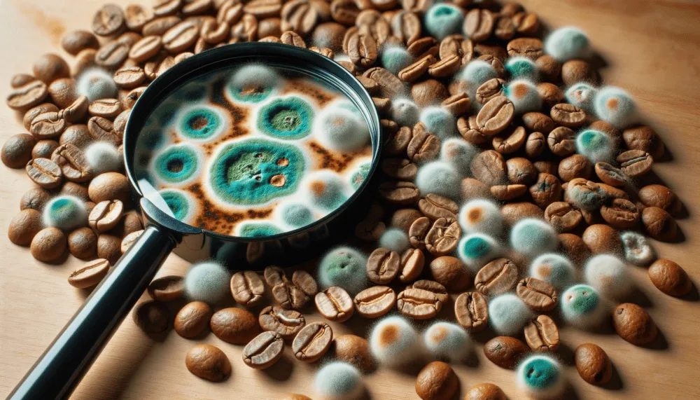 Photo of coffee beans spread out on a table with visible mold growth.