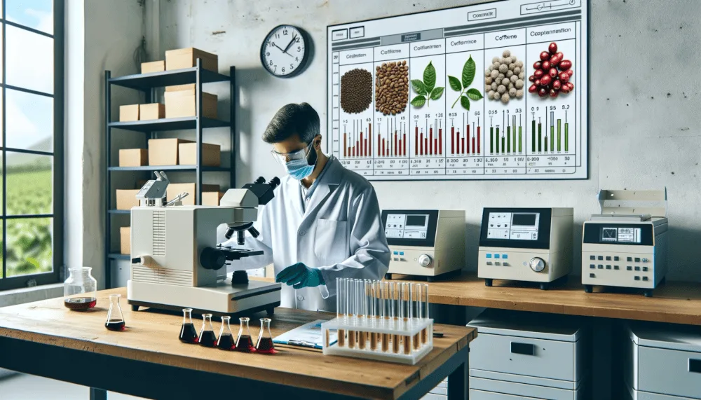What Exactly Are Mycotoxins: Photo of a modern coffee lab where a scientist is analyzing liquid samples from various coffee sources for mycotoxin content.