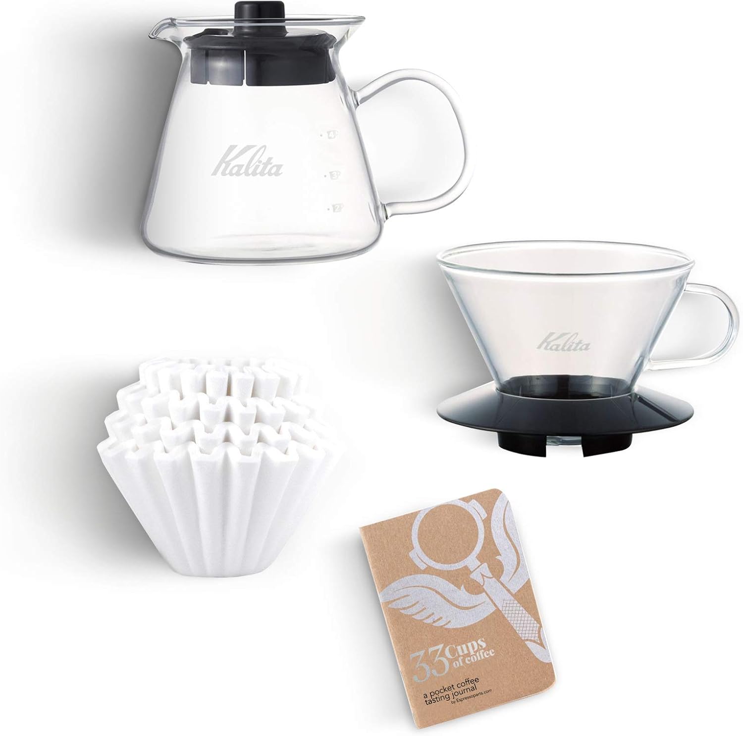 Espresso Parts Kalita Wave Pour-Over Coffee Brewing Kit, Glass Dripper 185, Filters & Server 500Ml